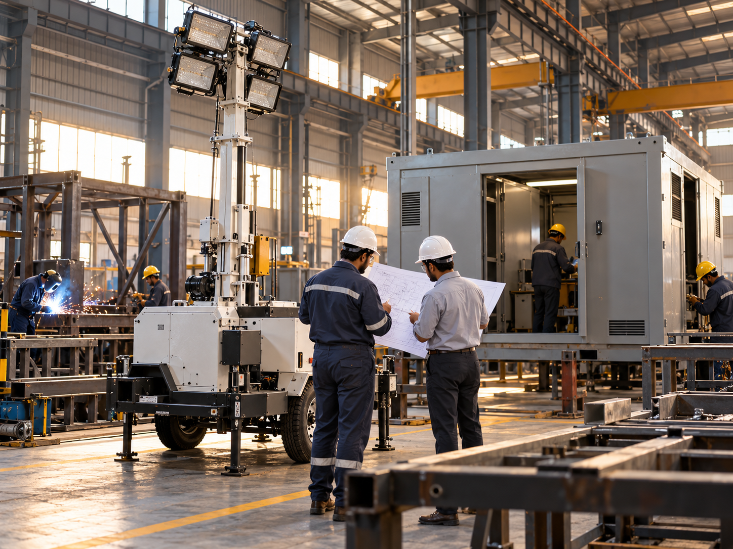 Engineers reviewing equipment inside an industrial fabrication workshop